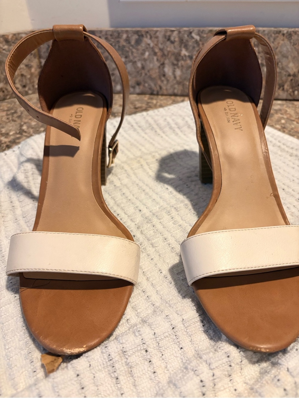 Old Navy Two-Tone Ankle Strap Block Heels in White and Tan